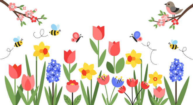 Illustration of spring flowers with bees and a small bird on tree