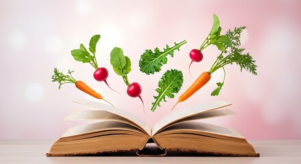 Surreal composition of floating vegetables above an open book, blending themes of healthy living, education, and creativity