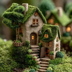 Eco friendly house paper model on green moss in garden, sustainable home and environmental living concept