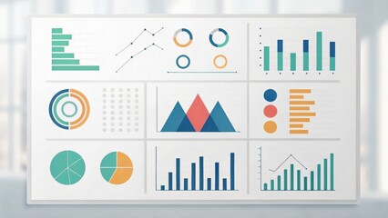 Business presentation featuring various types of charts and graphs displayed on a board, illustrating data analysis and trends.