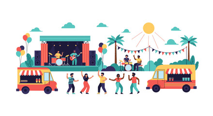 Outdoor concert with food trucks and a crowd of happy people