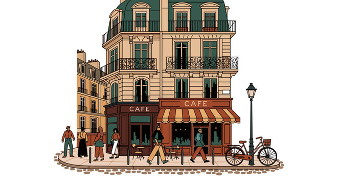 Street view of a parisian cafe with people and a bicycle