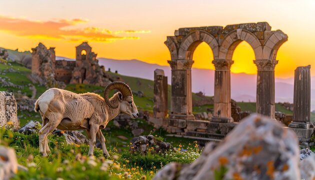 A majestic argali ram grazes peacefully near ancient ruins bathed in the golden hues of a breathtaking sunset.