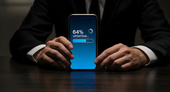 Businessman waiting for software update on his smartphone progress bar 64 percent loading screen mobile technology app update digital download