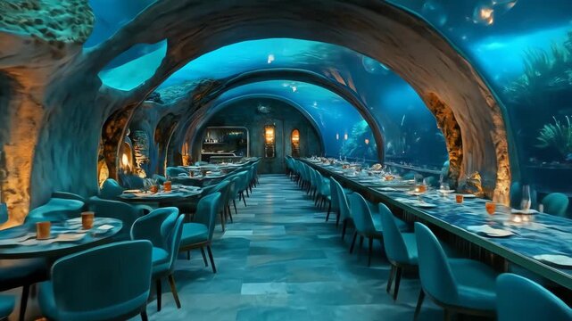 Underwater restaurant interior with fish