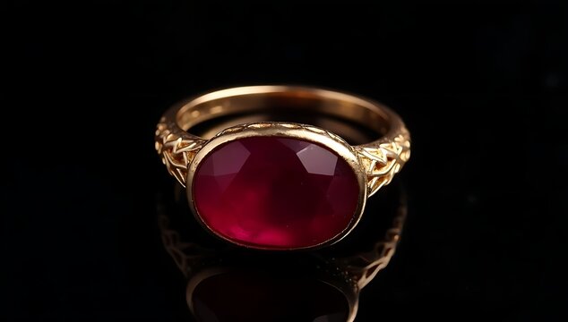 Shiny ruby gemstone ring in golden band, luxury jewelry product isolated on black.