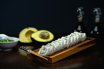 A vibrant display of Japanese cuisine: sushi, sashimi, nigiri, ramen, tempura, mochi, sake, matcha, and more. Fresh ingredients, bold flavors, traditional dishes, and elegant presentation.