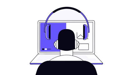 Person attending online class wearing headphones vector illustration