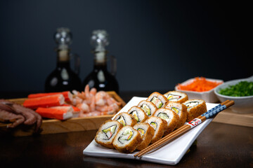 A vibrant display of Japanese cuisine: sushi, sashimi, nigiri, ramen, tempura, mochi, sake, matcha, and more. Fresh ingredients, bold flavors, traditional dishes, and elegant presentation.