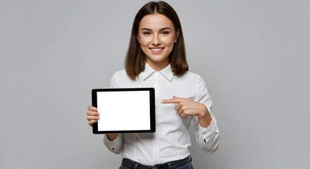 Smiling businesswoman holding tablet presenting blank screen modern technology business success digital marketing online communication app website interface presentation template