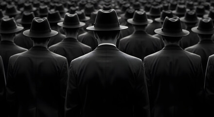 Anonymous Crowd Conformity Black Hats Suits Men Uniformity Mysterious Secret Society Mass People Collective Identity Black and White Photography
