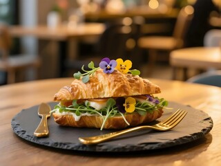 Gourmet croissant sandwich filled with fresh greens and cheese, garnished with edible flowers, served on a dark slate plate with golden cutlery in a cafe setting.