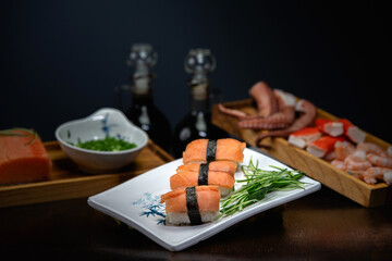 A vibrant display of Japanese cuisine: sushi, sashimi, nigiri, ramen, tempura, mochi, sake, matcha, and more. Fresh ingredients, bold flavors, traditional dishes, and elegant presentation.