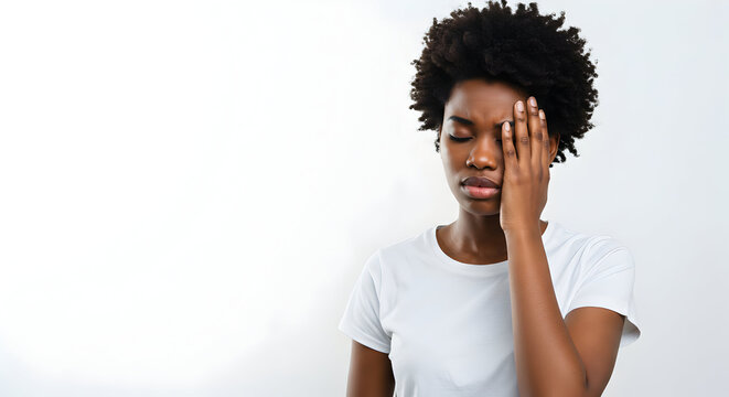 Young Black woman feeling stressed tired headache migraine pain discomfort upset worried sad unhappy lonely fatigue illness health problem mental health wellbeing self care
