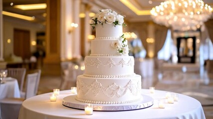 Decorated four-tier cake with white roses on a table set for a celebration
