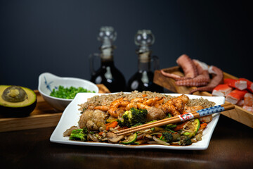 A vibrant display of Japanese cuisine: sushi, sashimi, nigiri, ramen, tempura, mochi, sake, matcha, and more. Fresh ingredients, bold flavors, traditional dishes, and elegant presentation.