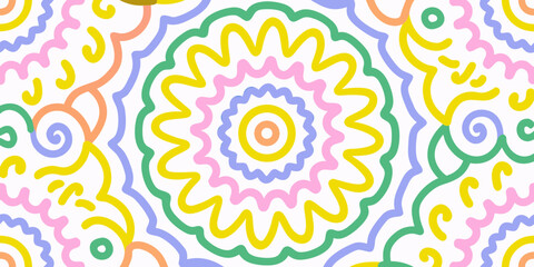 Abstract colorful wavy lines and geometric shapes forming a playful doodle pattern on white background