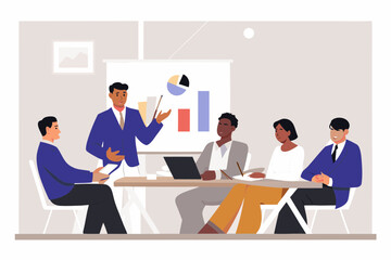 Diverse team of professionals in a meeting presenting business charts and graphs