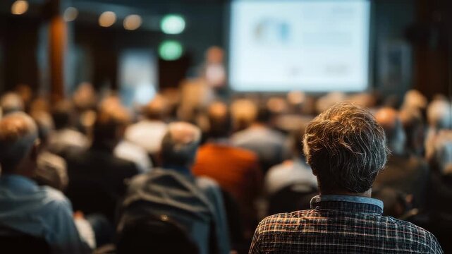 Medium shot of CEO highlighting waste reduction milestones on a projector audience softly blurred to showcase leadership focus on sustainability.