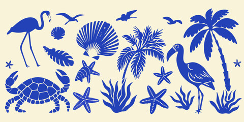 Vibrant blue silhouette collection of tropical beach elements including flamingos palm trees seashells starfish crabs and seagulls on a cream background © Ramanath