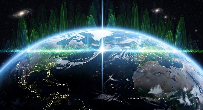 Abstract representation of earth, illuminated by digital signals and cosmic radiation, showcasing global connectivity