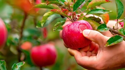 Hand picking a red apple from a tree with other apples and leaves visible in the background