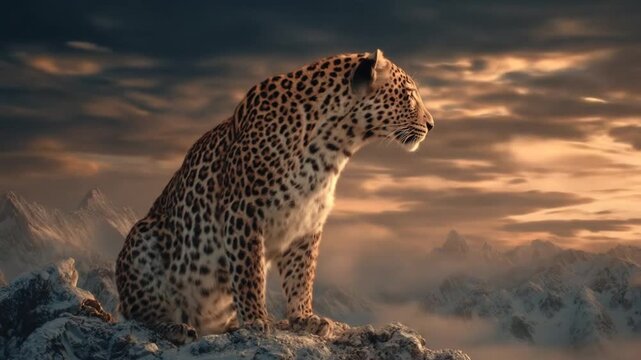 Majestic leopard perched atop snow-capped mountains during a golden sunset.