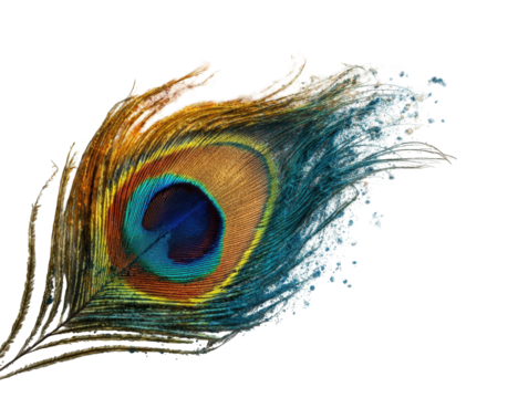 Vibrant peacock feather against black