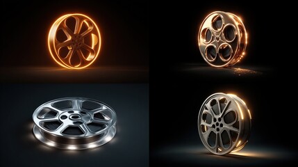 Four film reel symbols, glowing golden and silver, against a black background.  Each reel is detailed, with light emanating from the rim