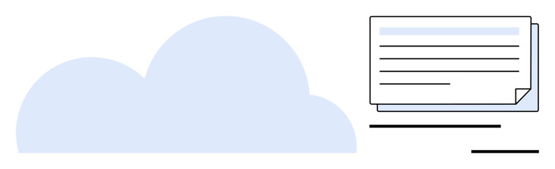 Blue cloud alongside stacked documents with text lines representing cloud data storage, organization, and access. Ideal for technology, data management, cloud computing, organization, digital