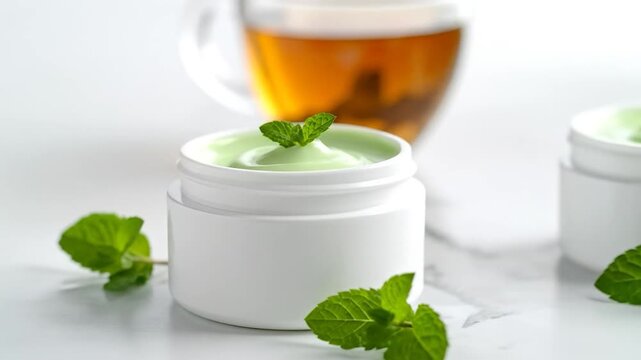 Mint cream in a jar with a mint leaf on top, beside tea