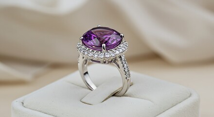Stunning oval-cut purple gemstone ring with diamond accents, showcased on a white cushion&mdash;perfect for fine jewelry promotions and e-commerce listings