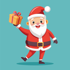 Cheerful Santa Claus Character with Gift Box on Teal Background