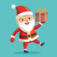 Cheerful Santa Claus with Gift Box against Teal Background