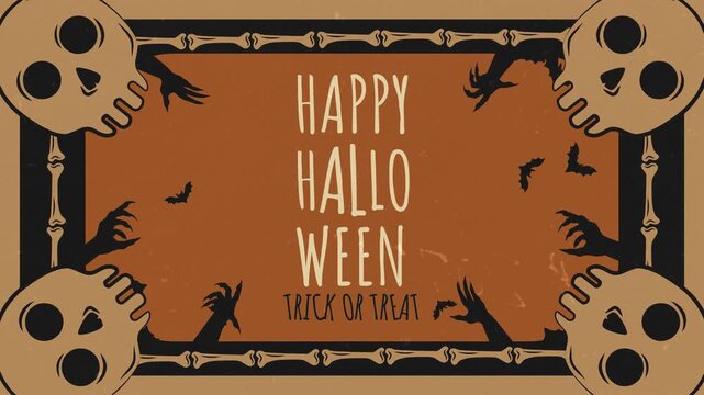 4K Halloween animation with skull borders, skeleton hands, bats, and &ldquo;Happy Halloween Trick or Treat&rdquo; text on a vintage orange background, creating a spooky and eerie festive atmosphere.