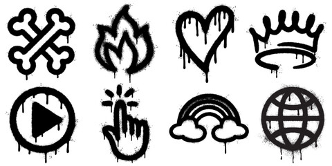 Collection of urban graffiti stencil icons featuring bold black spray paint style with dripping effect. Includes crossbones, flame, heart, crown, play button, clicking hand, rainbow, and globe.