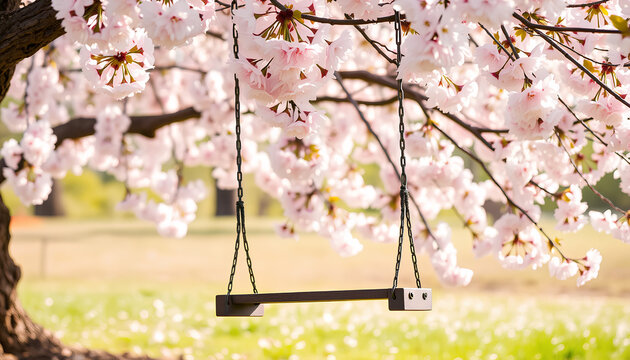 Children&rsquo;s swing gently swaying under a cherry blossom tree in full bloom, soft petals falling, serene spring vibe, natural light