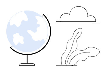 Globe with light continents, cloud above ground, and leafy plant below. Ideal for topics thumbs up environment, global travel, education, ecology, sustainability innovation and growth. A simple