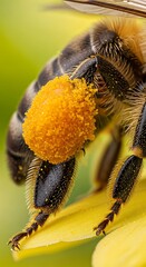 Focused macro shot displaying a bee laden with pollen on a bright flower petal close up showcasing nature's symbiotic