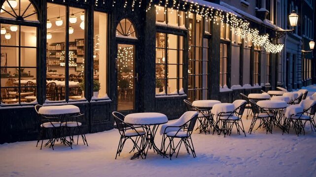 Charming cafe adorned with lights and snow-filled outdoor seating during winter evening