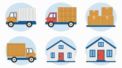 Colorful illustrations of trucks and houses depicting logistics, transportation, and delivery services.