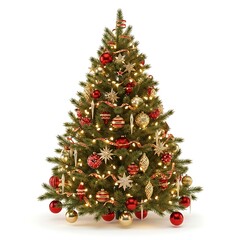 An adorned Christmas tree illuminated with decorative ornaments. 