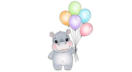 An adorable hippopotamus holding colorful balloons. 