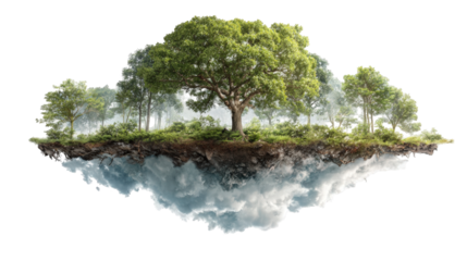 Floating island with a lush tree and misty forest