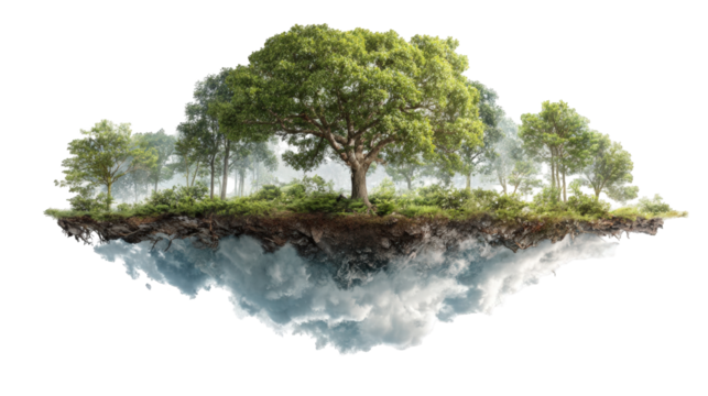 Floating island with a lush tree and misty forest