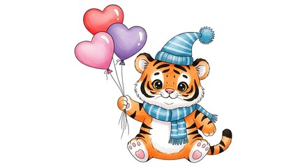 Obraz premium A charming illustration of a tiger cub holding heart-shaped balloons. 