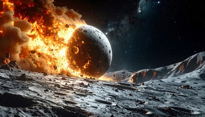 Fototapeta premium A celestial collision ignites a fiery spectacle across a desolate lunar landscape.