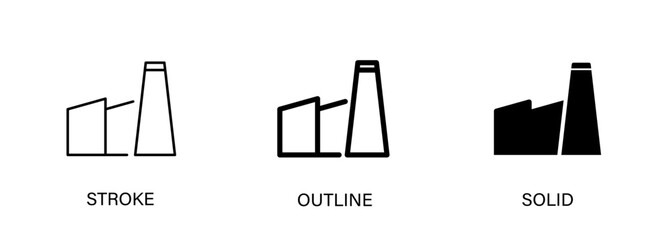 Factory icons for industry, manufacturing. Vector stroke, outline and solid icons. EPS10.