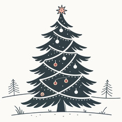 Elegant Christmas Tree Illustration with Star Topper and Festive Decorations in Minimalist Style