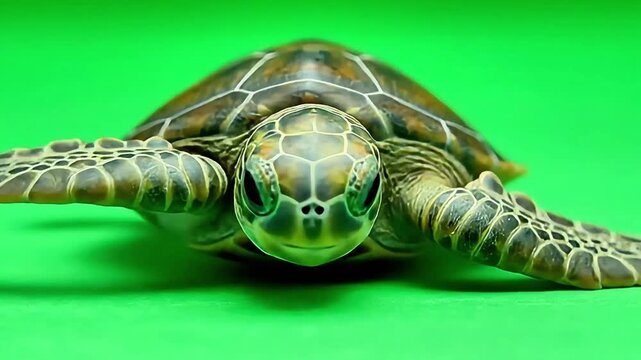 Gentle sea turtle glides gracefully on vibrant green screen, ready for digital integration and wildlife stories.